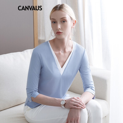 

CANVAUS New Spring Autumn Women Clothing Cotton Black Blue Slim Casual OL Three Quarter Sleeve V-neck T Shirt Tops Undershirt
