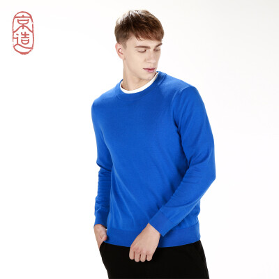 

JZAO Mens sweater combed cotton sweater base pullover blue  190108A