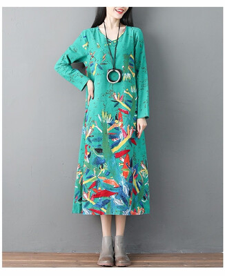 

new national wind long-sleeved loose big yards cotton linen dress dish buckle