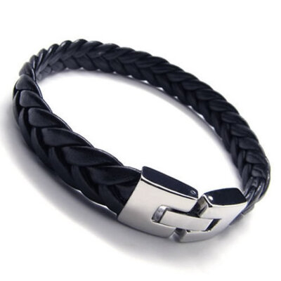 

Hpolw Mens Leather Bracelet Stainless Steel Clasp Black Silver 9 Inch