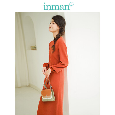 

INMAN 2018 winter new round neck with belt retro ladies long woolen dress female 1884451596 orange red