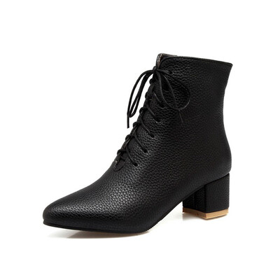 

IDIFU Womens Sexy Pointed Toe Medium Block Heel Ankle Booties Lace up Short Boots