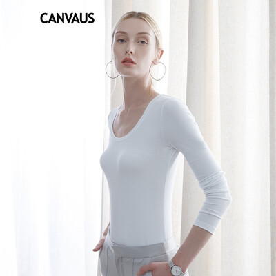 

CANVAUS New Spring Autumn Womens Clothing Tops Cotton Black White Slim OL Casual O-neck Long Sleeve T Shirt Undershirt