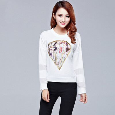 

Large size women's T-shirt loose diamond mesh shirt female long-sleeved t-shirt