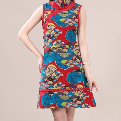 

Lovaru ™2015 Autumn new women's national wind collar cotton dress printed dress vest dress