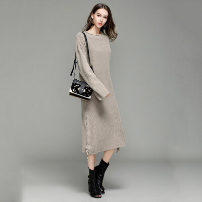 

PREISEI Autumn Winter Women Elegant Casual Loose Warm Solid O-Neck Long Sleeve Thick Mid-Calf Sweater Dress Vestido