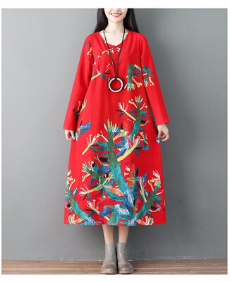

new national wind long-sleeved loose big yards cotton linen dress dish buckle