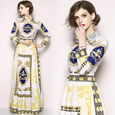 

DFYOP Womens Vintage Print Lapel Long Sleeve Waist Slim Dress