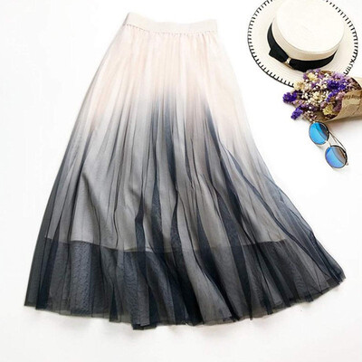 

temperament gradient 2018 summer new mesh skirt gradient color skirt female long section high waist pleated skirt