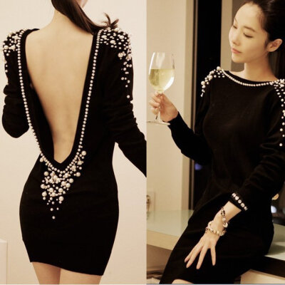 

Women Sexy Open Back V Embellish Plastic Pearl Beads Party cocktail Clubwear Mini Short Dress