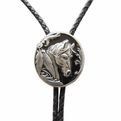 

Vintage Black Enamel Western Horse Head Oval Wedding Bolo Tie Leather Necklace