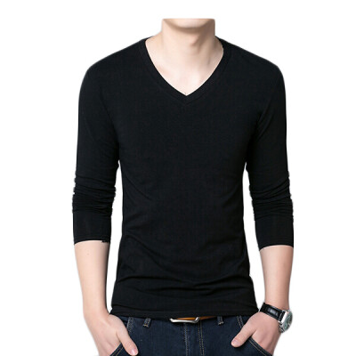 

Zogaa Spring New Korean Mens T-shirt Pure Color And Cotton V Collar Slim Long Sleeve