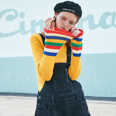 

PASS2018 new autumn&winter color matching turtleneck sweater female Slim student white bottoming sweater tide 68303PA23009 ginger yellow