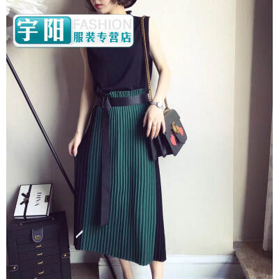 

European station 2017 early autumn European goods female fashion air color middle long knit skirt pleated skirt