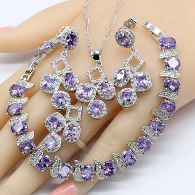

925 Sterling Silver Jewelry Sets For Women Purple Zirconia 4PCS Bracelet Earrings Necklace Pendant Rings 2018 Christmas Gift