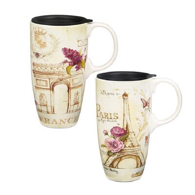 

Travel Coffee Ceramic Mug Porcelain Latte Tea Cup With Lid in Gift Box 17oz France Eiffel Tower 2 Pack
