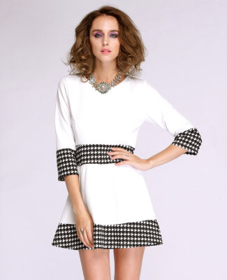 

New Fashion Womens Long Sleeve Grid Pattern Patchwork Elegant Casual Work Party Dress