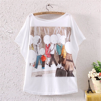 

Vintage Spring Summer Digital Printing Girl Womens Loose Short Batwing Sleeve T-shirt