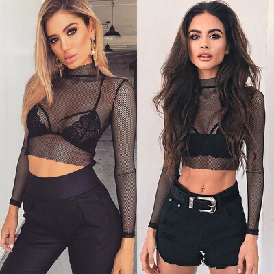 

Women Sexy Mesh Long Sleeve See Through Crop Top T-Shirt Tops Clubwear