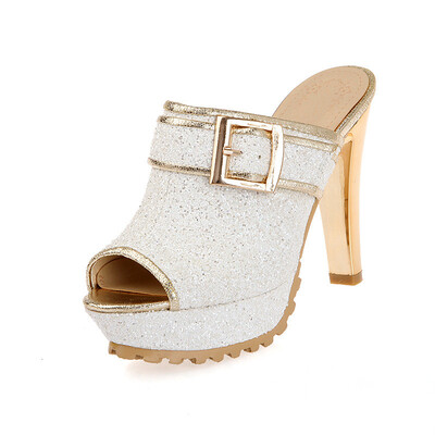 

IDIFU Womens Trendy Peep Toe Sequined Sandals - Glitter Buckled Belt Platform - Slide on Chunky High Heels Clogs Shoes
