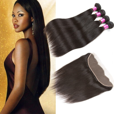 

Glary Mongolian Human Hair 4 Bundles Straight with Lace Frontal Unprocessed Virgin Human Hair Weave Thick&Soft Hair Weft