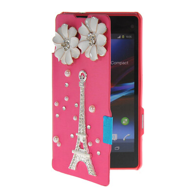 

MOONCASE Rhinestone Crystal Ultre Slim Leather Side Flip Wallet Back ЧЕХОЛ ДЛЯ Sony Xperia Z1 Compact (Mini) Hot pink