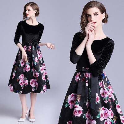 

2018 Autumn Style Women Dress Vintage Bow Floral Printing Dress Business Casual Office Party Jacquard Dresses