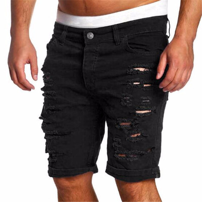 

Fashion Ripped Hole Denim Shorts Men Black White Slim Skinny Straight Casual Jeans Shorts Men Vintage Low Waist short homme