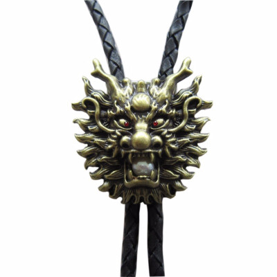 

Vintage Bronze Plated Real White Pearl Dragon Bolo Tie Leather Necklace