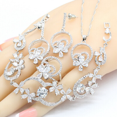 

White Semi-precious 925 Silver Jewelry Sets For Women Bridal Earrings Bracelet Rings Necklace Pendant