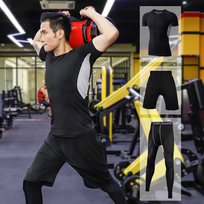 

Fan Dimu sports suit mens fitness clothing tight body quick-drying breathable moisture wicking running basketball suit fitness clothing men FNZ9001-mesh gray - short-sleeved three-piece -L