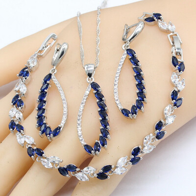 

925 Silver Jewelry Sets For Women Blue White Crystal Earrings Bracelet Rings Necklace Pendant 2018 New Arrival