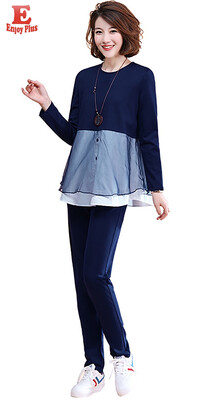 

L XL XXL 3XL 4XL 5XL plus size cotton new autumn 2018 women clothing two piece set big size blue blouse&pant loose casual
