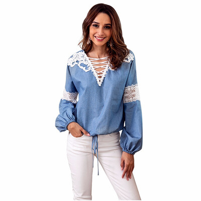 

Denim blue Womens Shirt V-neck Lace Stitching Long-sleeved Shirt