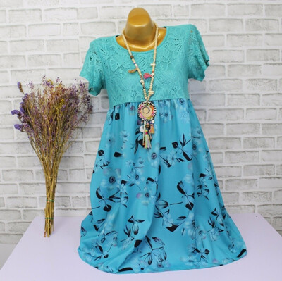 

Women New Fashion Lace Patchwork Floral Print Vintage Dress Short Sleeve Midi Plus Size Dress