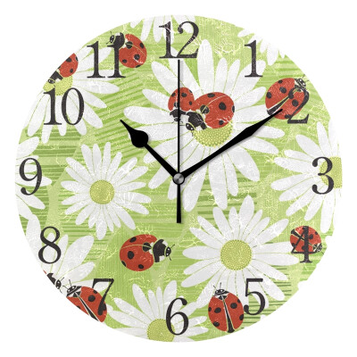 

Wall Clock Arabic Numerals Design Flowers Of Chamomile And Ladybirds Round