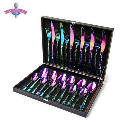 

24 PCS Stainless Steel Dinnerware Set Rainbow Colorful Silverware Tableware Cutlery Spoon Flatware Set Hotel Party Supplies Gift