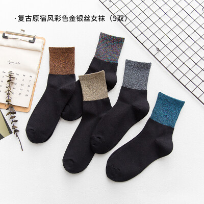 

Nair five pairs of socks womens autumn&winter warm wild gold&silver silk thickening bear embroidery tube female socks 22-24