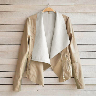 

Fashion Vintage Women Jacket PU Leather Patchwork Zipper Pocket Slim Short Motorcycle Coat Outerwear