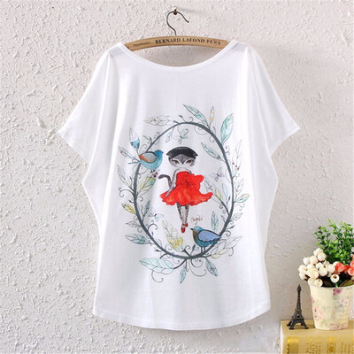 

Vintage Spring Summer Digital Printing Girl Womens Loose Short Batwing Sleeve T-shirt