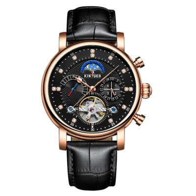 

KINYUED Luxury 3ATM Water-Proof Automatic Mechanical Watch Genuine Leather Skeleton Man Business Wristwatch ChronoMoon PhaseWeek