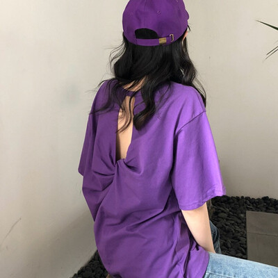 

New arrival women t shirt korean style loose fitting hollow back round neck short sleeve top T-shirt tshirt