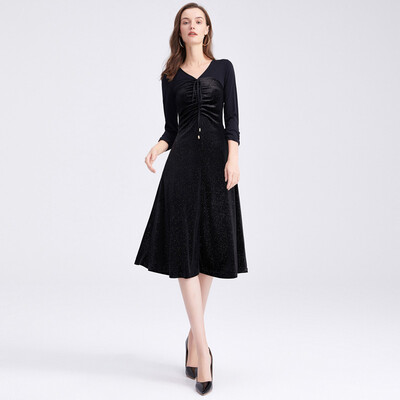 

Her pool womens 2018 autumn&winter new solid color V-neck retro wind slim slimming long dress T83H2024A10XL black XL