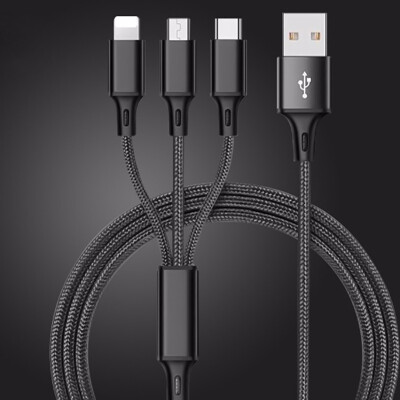 

Multi Charging Cable Black Dawg 3 in 1 Nylon Braided Multiple USB Fast Charger Cord 3ft1m LightingMicro USBType C Compatible