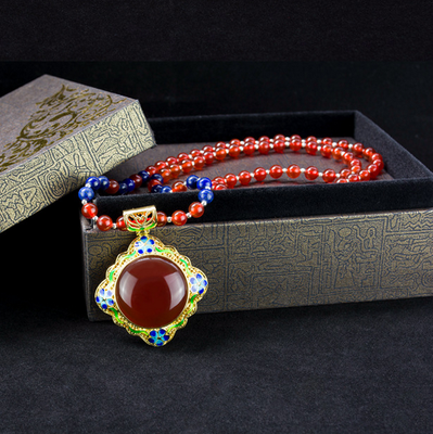 

Jewelry natural agate national style necklace cloisonne topaz pendant antique sweater chain beads necklace