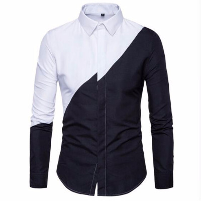 

2018 Mens Cotton Black White Stitching Color Shirts Casual Slim Fit Fashion Man Lapel Large Size Long-sleeved Shirts Male -2XL