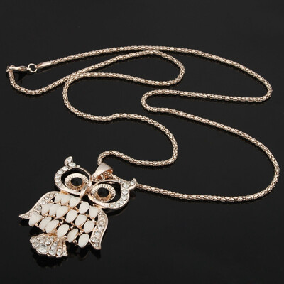 

Long Alloy White Sweater Necklace Animals Rhinestone Owl Pendant Chain