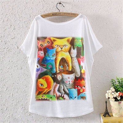 

Vintage Spring Summer Digital Printing Girl Womens Loose Short Batwing Sleeve T-shirt