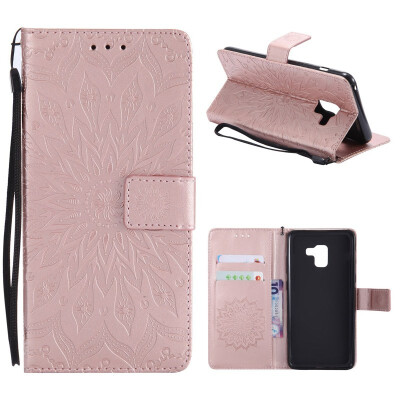 

MOONCASE Samsung Galaxy A8 2018 Wallet CaseSun Flower Pattern Embossed PU Leather Magnetic Flip Cover Card Holders -Rose gold