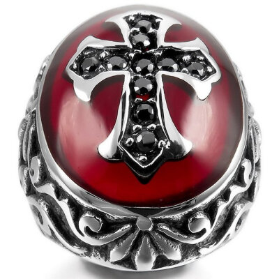 

Hpolw Men's Stainless Steel Ring CZ Silver Black Red Cross Knight Fleur De Lis Oval Vintage